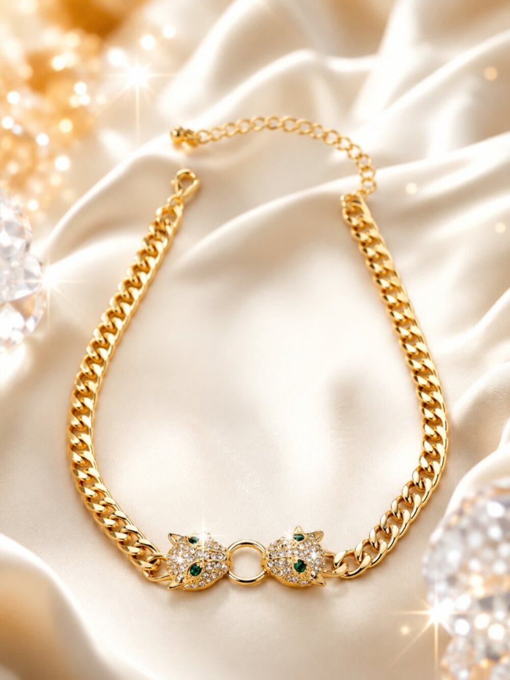 Double Head Jaguar Head Gold Cuban Chain Necklace